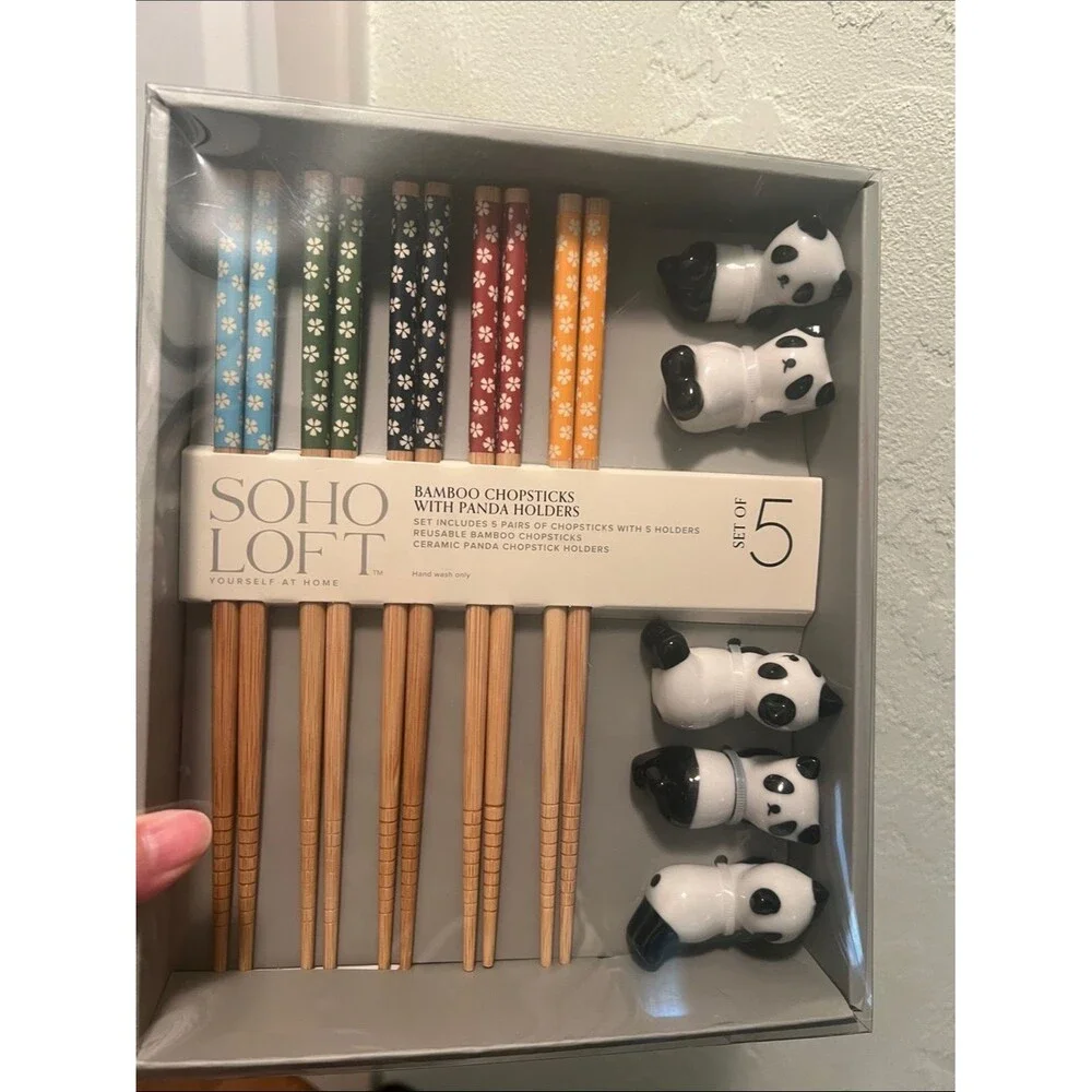 #2315*Soho Loft Bamboo Chopsticks Set W/Panda Holders - Colorful Floral Handles